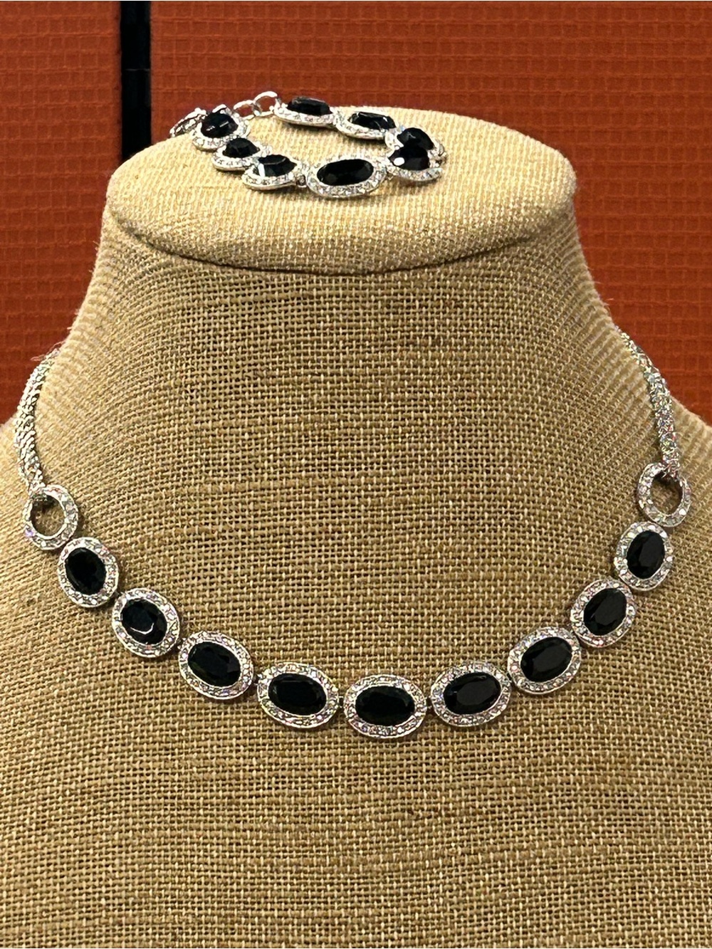 Monet black and rhinestone set with box. Vintage